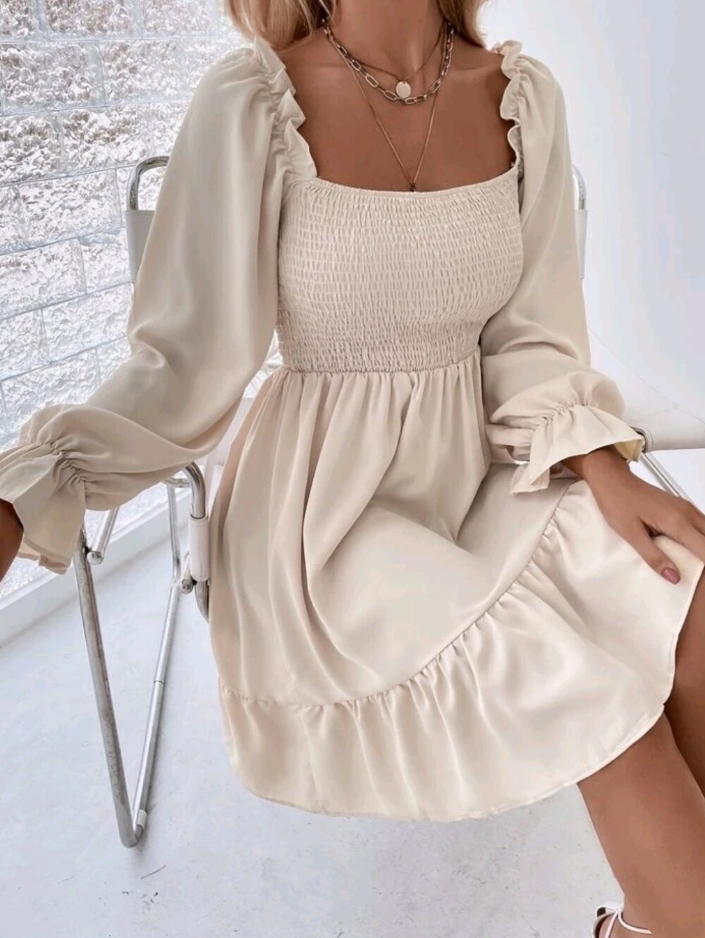 Cream Smocked Square-Neck Mini Dress with Puff Sleeves - Picture 4 of 6